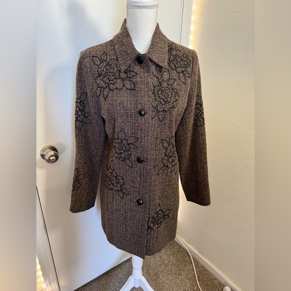 Victor Costa Occasion. Vintage Brown Floral Embroidered Duster Size Small